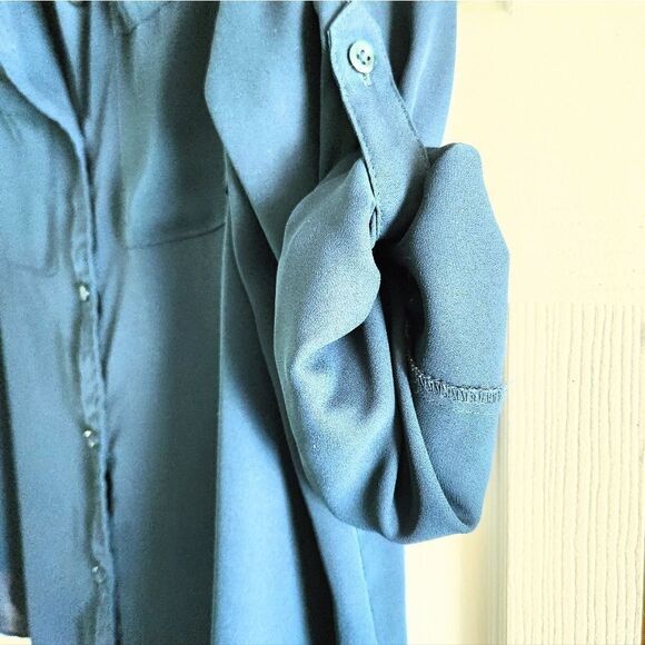 Apt 9 Darkest Green Button Down Roll Tab Sleeve Blouse Size Large - Picture 4 of 5